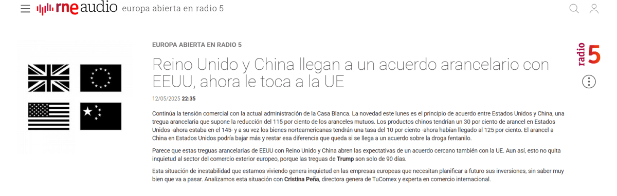 Hablamos en Radio 5 de RNE de la tregua entre EEUU y China - Programa en Europa abierta