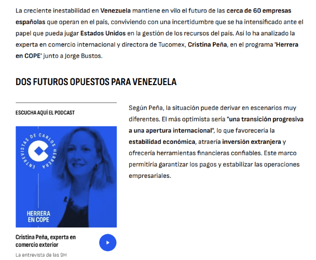 TuComex analiza en COPE el nuevo tablero geopolítico y comercial en Venezuela - Escenarios