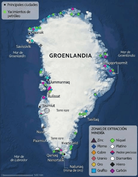 Groenlandia recursos, geopolítica y territorio en el Ártico - Mapa recursos mineros