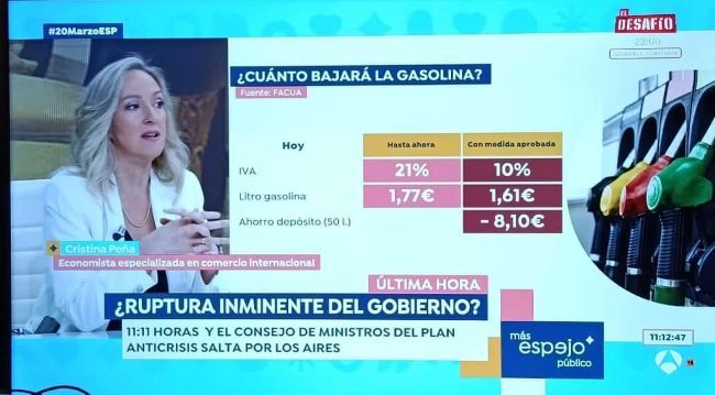 Cristina Peña analiza en Espejo Público la subida del combustible - Medidas